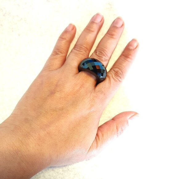 Chunky Faceted Black Obsidian Ring – Size 9 – Bold Statement Piece - Picture 10 of 15